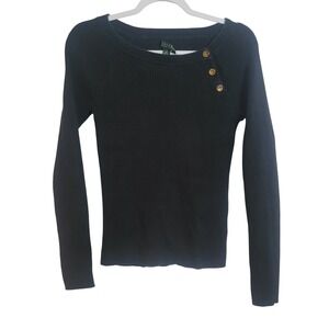 Lauren Ralph Lauren Black Ribbed Knit Button Shoulder Sweater Womens Medium